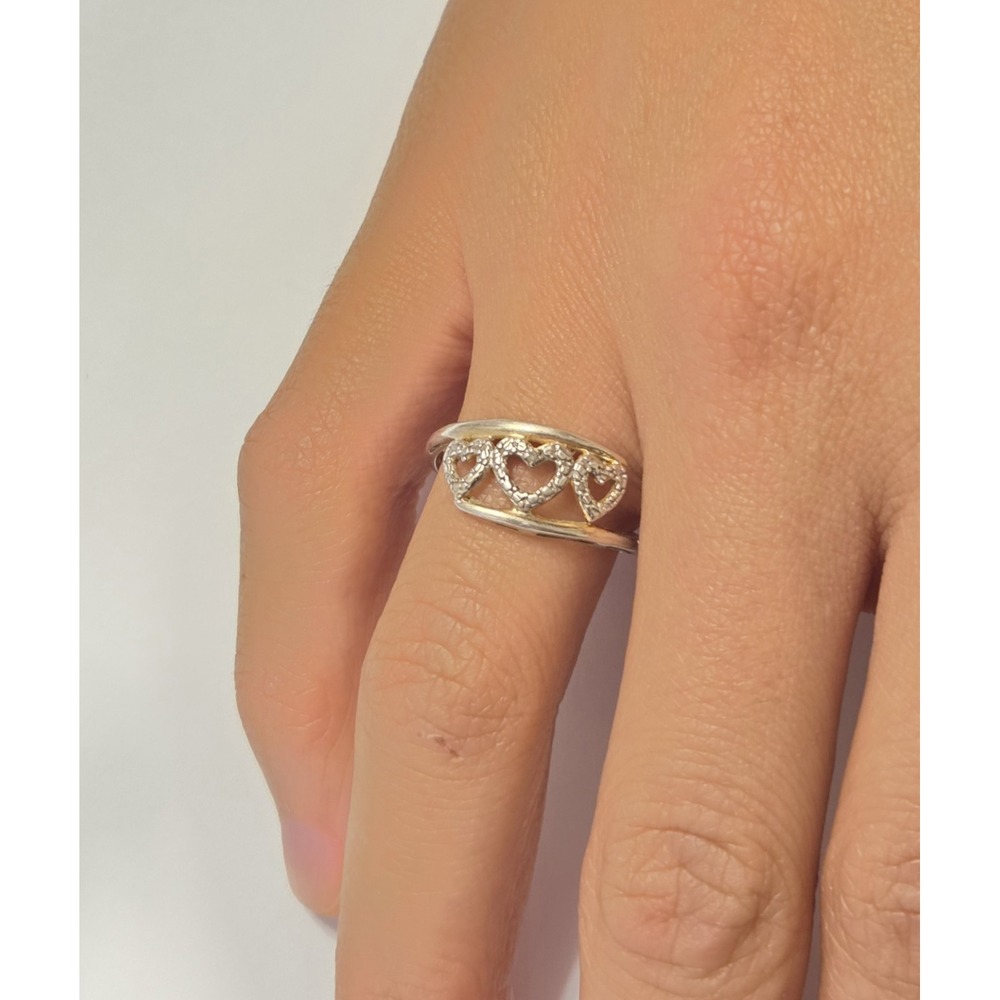 Vintage JCM Sterling Silver Genuine Diamond Triple Heart Ring Two Tone Size 7